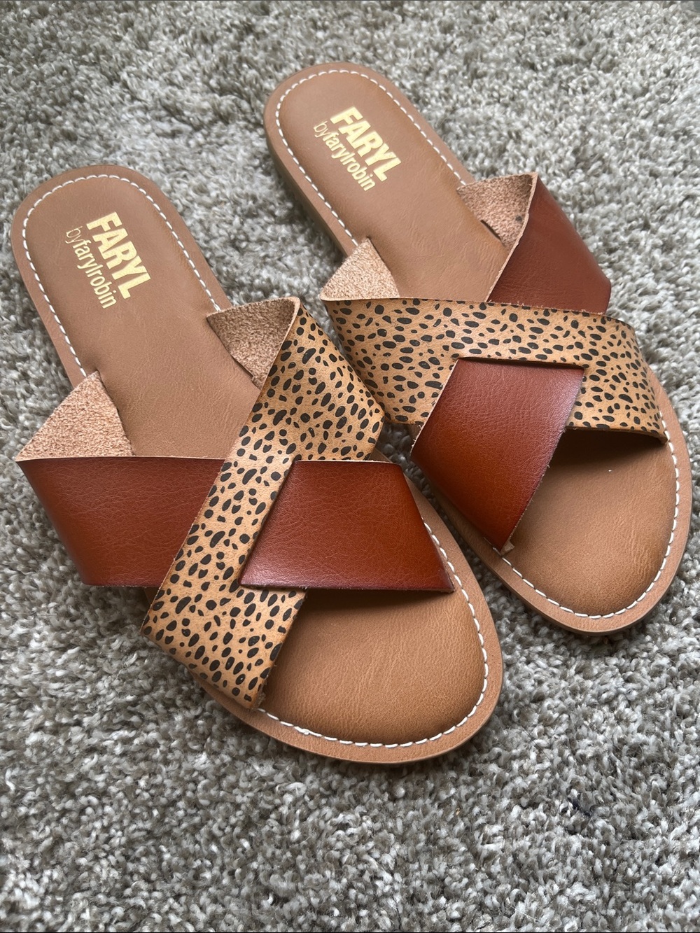 Leopard and Tan Slide Sandals Size 7